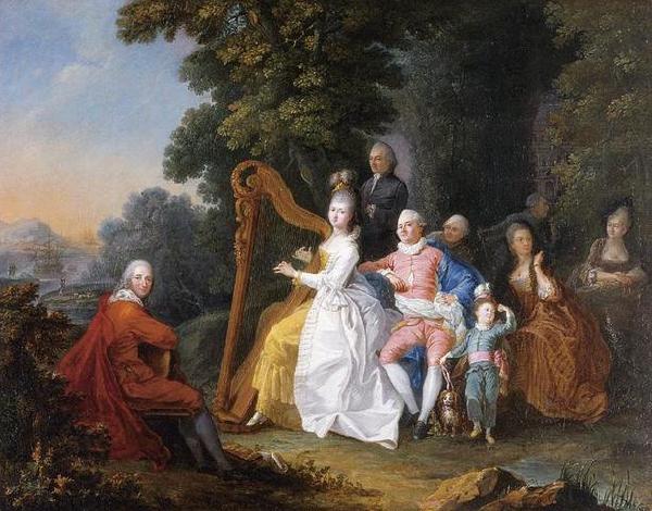 unknow artist An elegant party in the countryside with a lady playing the harp and a gentleman playing the guitar